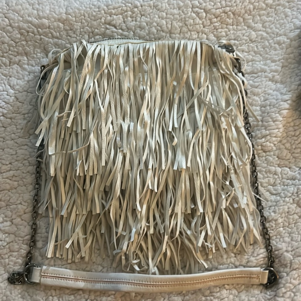 Steve Madden full, leather fringe small bag White